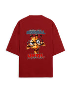 A red oversized short-sleeve t-shirt with a large graphic print on the back. The graphic features a cartoon giraffe wearing round glasses, with the text 'are you normal?' above and 'UNTIL' below in red and white.