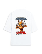 White oversized short-sleeve t-shirt showing the back graphic with a cartoon giraffe wearing glasses and the text 'welcome to NORMAL? UNTIL you get too smart again'.