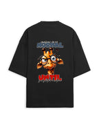 A black oversized short-sleeve t-shirt with a large graphic print on the back. The graphic features a cartoon giraffe wearing round glasses, with the text 'are you now NORMAL UNTIL' in stylized blue and red lettering.
