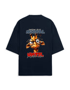 A navy blue oversized t-shirt with a large graphic print on the back. The graphic features a cartoon giraffe wearing round glasses, with the text 'are you NORMAL' above and 'UNTIL' below in red and white.