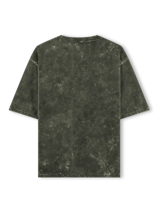 A dark olive green short-sleeve t-shirt with a distressed, mineral-washed texture, shown from the back on a plain white background.