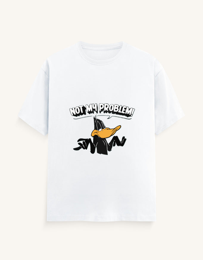 Front view of an off-white unisex classic crew t-shirt featuring a cartoon duck graphic with the text "NOT MY PROBLEM!" printed across the chest.