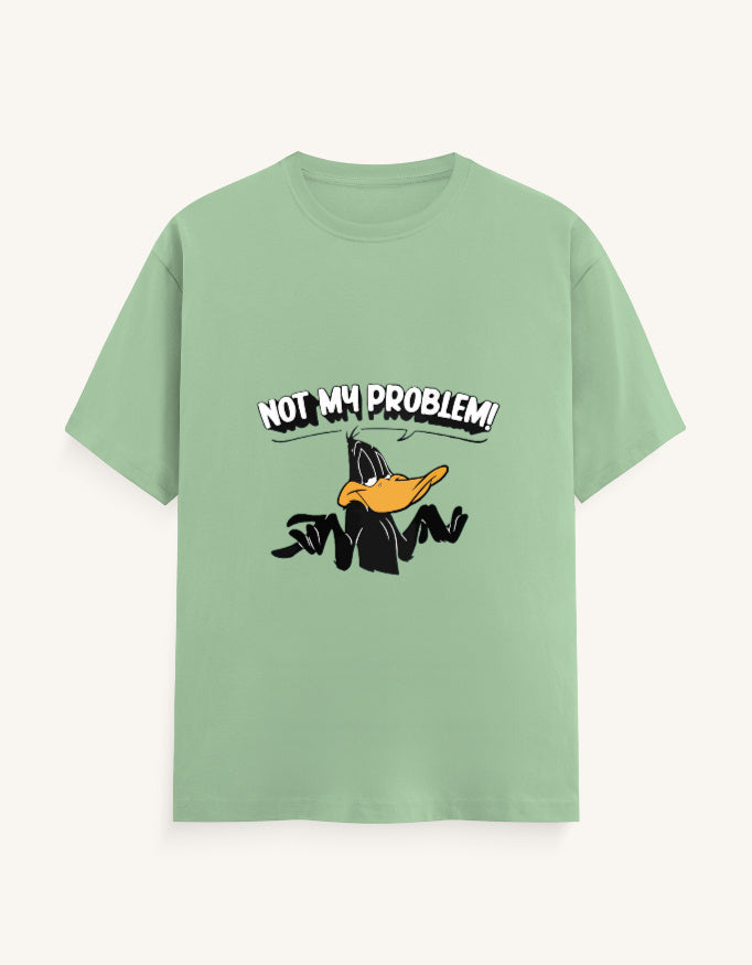 Front view of an off-white unisex classic crew t-shirt featuring a cartoon duck graphic with the text "NOT MY PROBLEM!" printed across the chest.