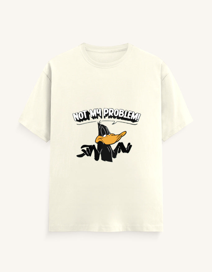 Front view of an off-white unisex classic crew t-shirt featuring a cartoon duck graphic with the text "NOT MY PROBLEM!" printed across the chest.