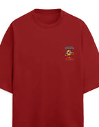 Red t-shirt with a small logo on a white background