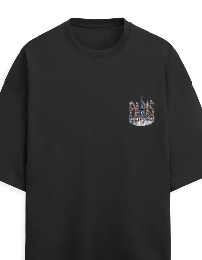 Black t-shirt with a white logo on a white background