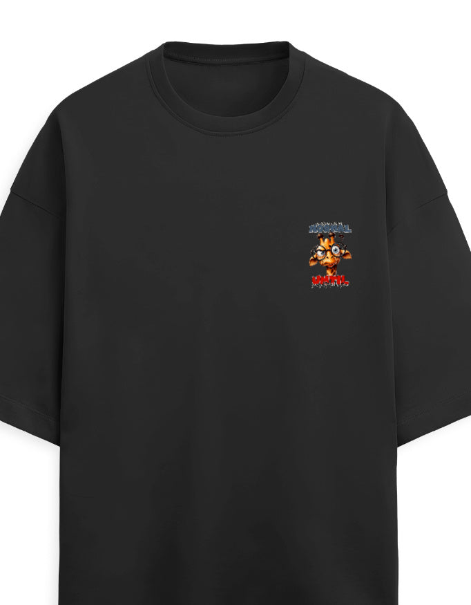 Black t-shirt with a red and yellow symbol on the chest against a light gray background