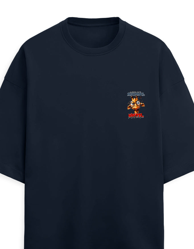 Navy Blue t-shirt with a red and yellow symbol on the chest against a light gray background