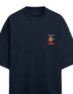 Navy Blue t-shirt with a red and yellow symbol on the chest against a light gray background