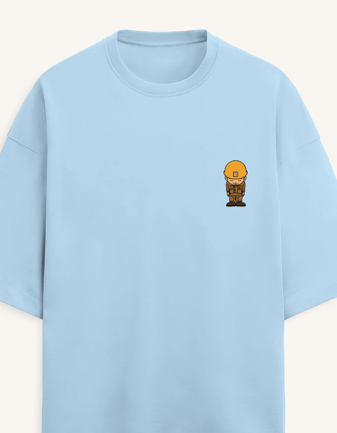 Front view of a premium white unisex terry oversized t-shirt featuring a small cartoon character graphic on the left chest pocket area.