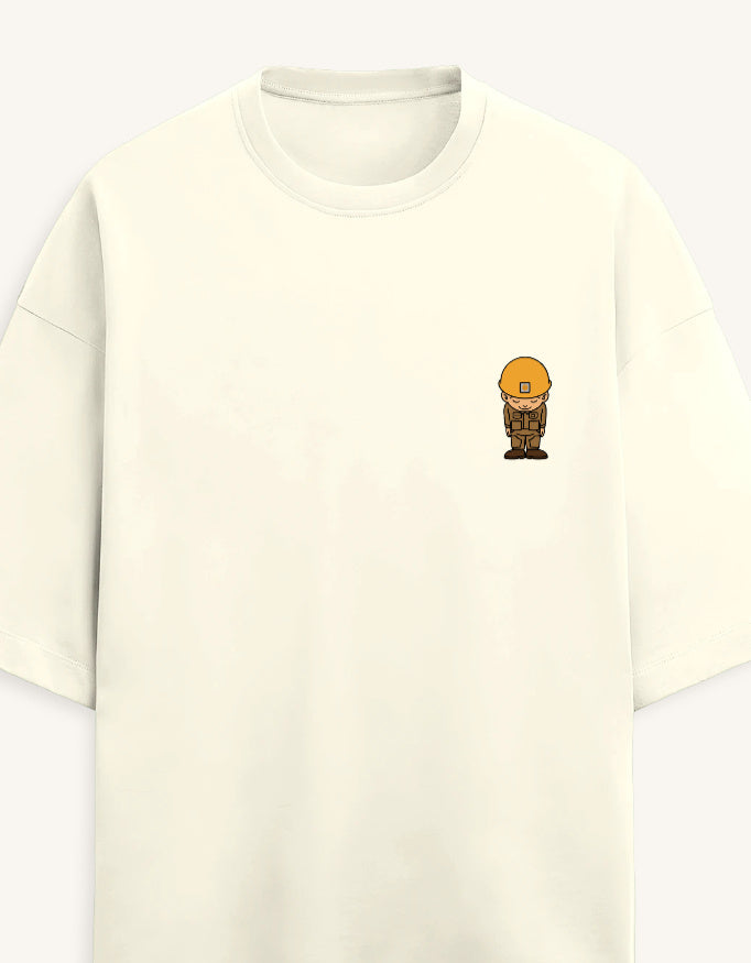 Front view of a premium white unisex terry oversized t-shirt featuring a small cartoon character graphic on the left chest pocket area.